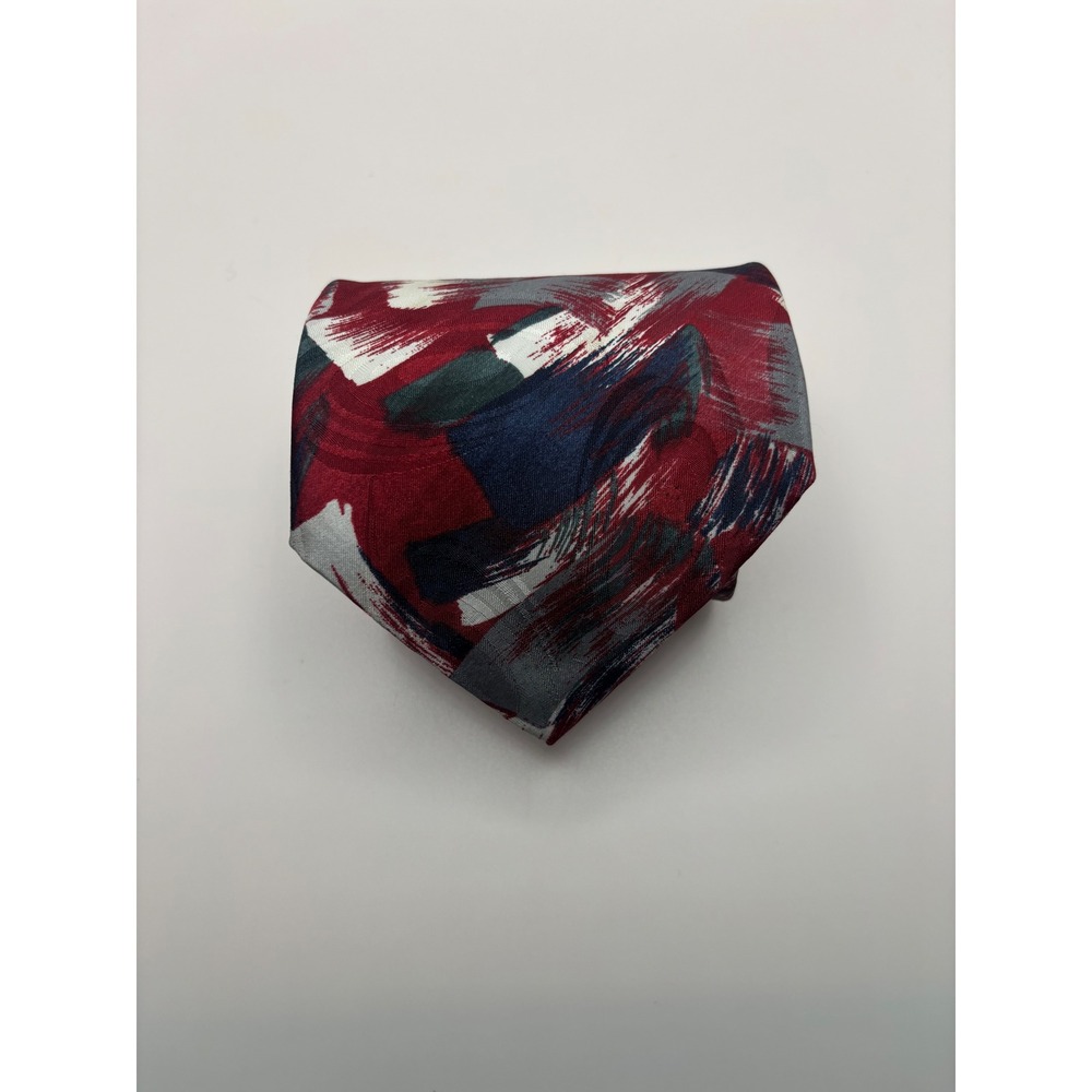 Vintage Abstract Brushstroke Silk Necktie Burgundy Navy Grey White Painterly Tie